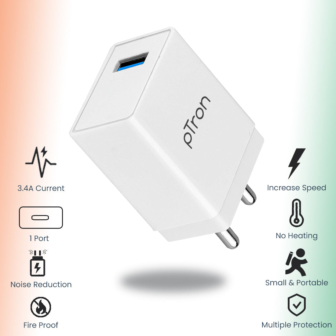 pTron Volta Plus 17W USB Smart Charger, Made in India, BIS Certified, Fast Charging Power Adaptor Without Cable for All iOS & Android Devices - (White)