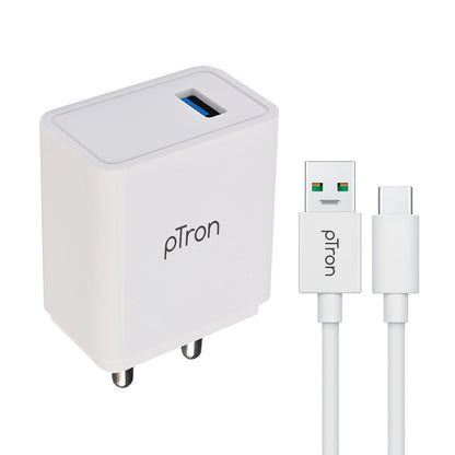pTron Volta Plus 17W USB Smart Charger with 3.4A Type-C USB 1-Meter Cable, Made in India, BIS Certified Fast Charging Power Adaptor - (White)