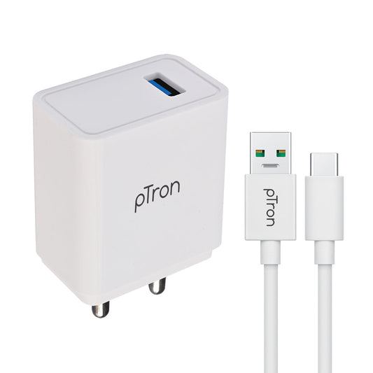pTron Volta Plus 17W USB Smart Charger with 3.4A Type-C USB 1-Meter Cable, Made in India, BIS Certified Fast Charging Power Adaptor - (White)