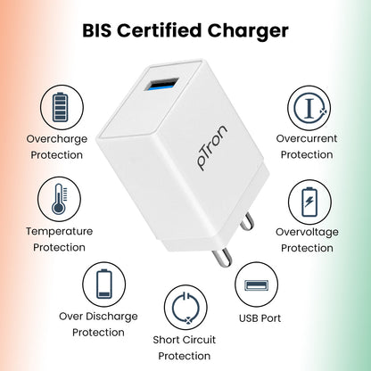 pTron Volta Plus 17W USB Smart Charger with 3.4A Type-C USB 1-Meter Cable, Made in India, BIS Certified Fast Charging Power Adaptor - (White)
