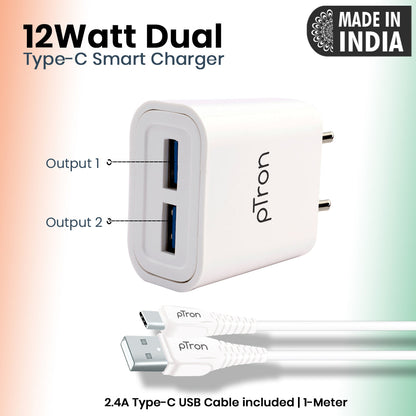 pTron Volta Evo 12W Single USB Smart Charger with 2.4A Type-C USB 1-Meter Cable, Made in India, BIS Certified Fast Charging Power Adaptor - (White)