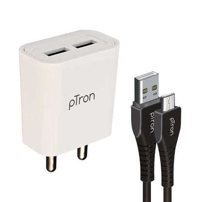 pTron Volta Evo 12W Single USB Smart Charger with 2.4A Micro USB 1-Meter Cable, Made in India, BIS Certified Fast Charging Power Adaptor - (White)
