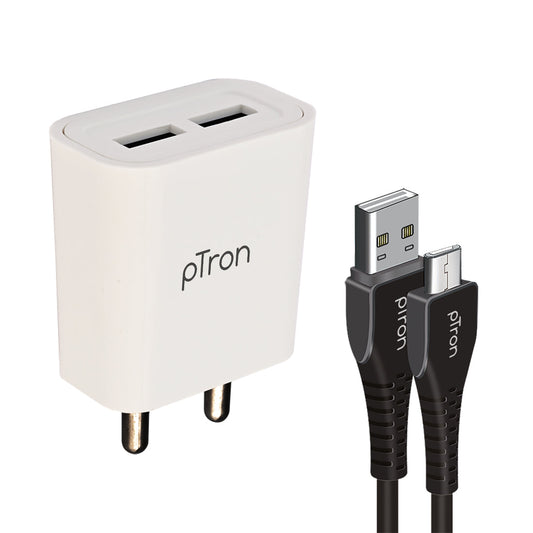pTron Volta Evo 12W Single USB Smart Charger with 2.4A Micro USB 1-Meter Cable, Made in India, BIS Certified Fast Charging Power Adaptor - (White)