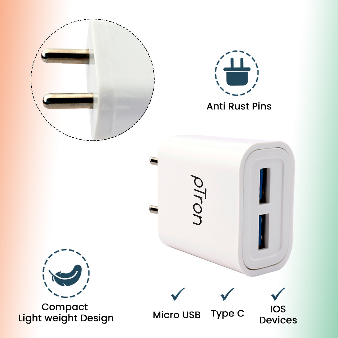 pTron Volta Evo 12W Single USB Smart Charger with 2.4A Micro USB 1-Meter Cable, Made in India, BIS Certified Fast Charging Power Adaptor - (White)