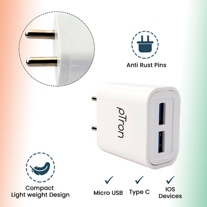 pTron Volta Evo 12W Single USB Smart Charger with 2.4A Micro USB 1-Meter Cable, Made in India, BIS Certified Fast Charging Power Adaptor - (White)