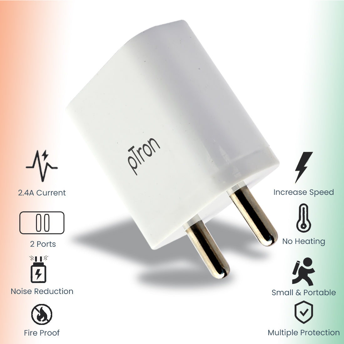 pTron Volta Evo 12W Single USB Smart Charger with 2.4A Micro USB 1-Meter Cable, Made in India, BIS Certified Fast Charging Power Adaptor - (White)