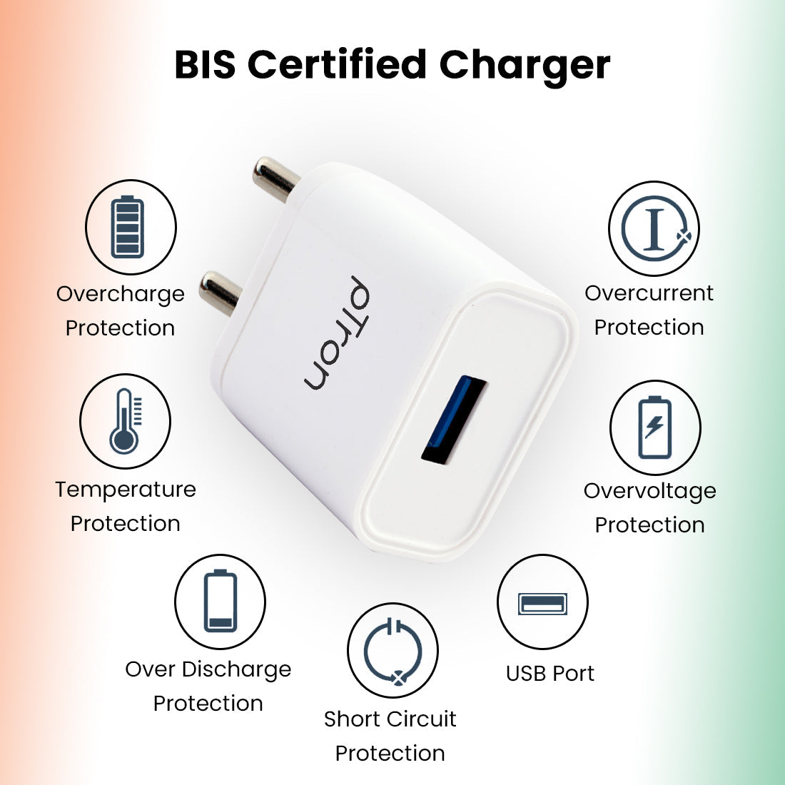 pTron Volta 12W Single USB Smart Charger with 2.4A Micro USB 1-Meter Cable, Made in India, BIS Certified Fast Charging Power Adaptor - (White)