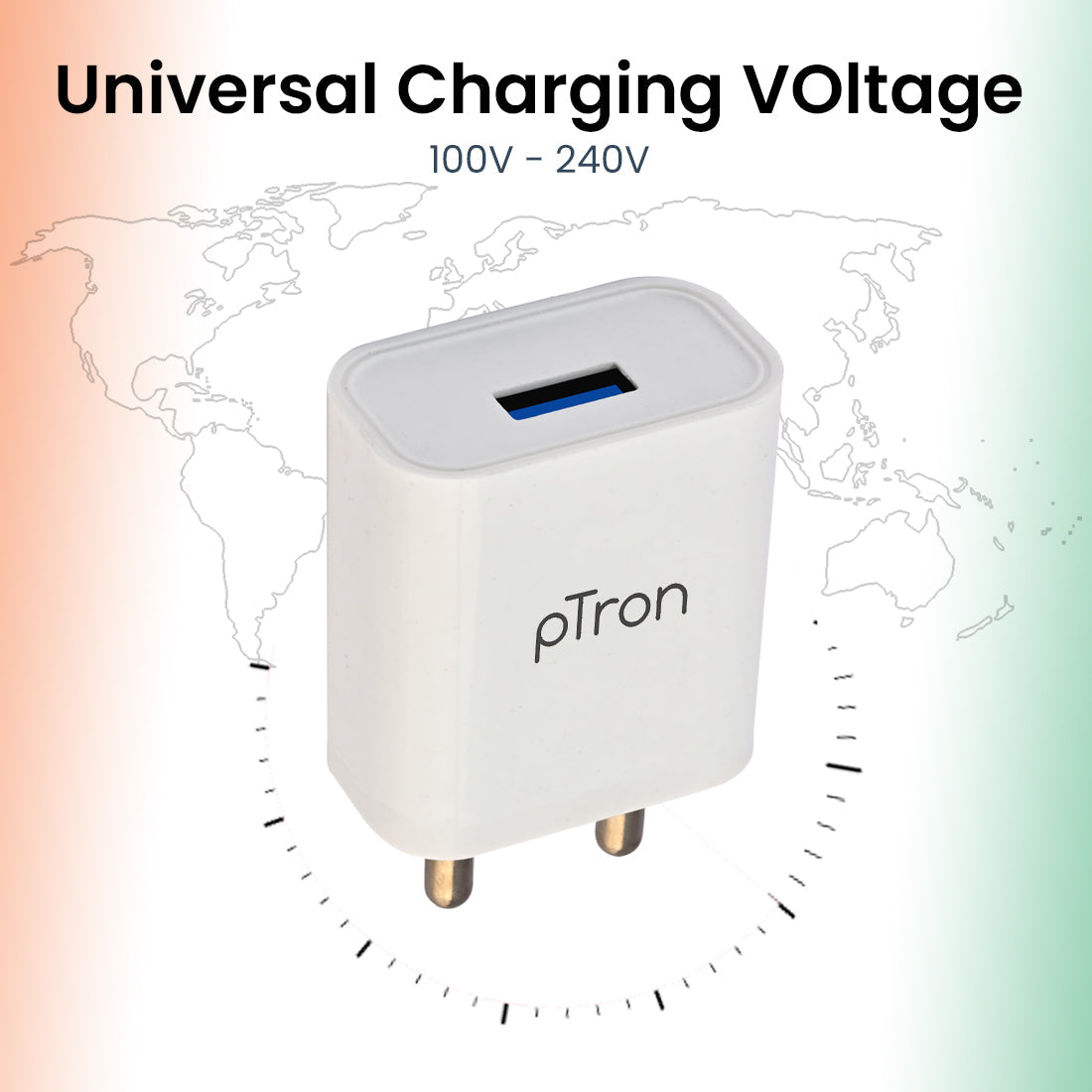 pTron Volta 12W Single USB Smart Charger with 2.4A Micro USB 1-Meter Cable, Made in India, BIS Certified Fast Charging Power Adaptor - (White)