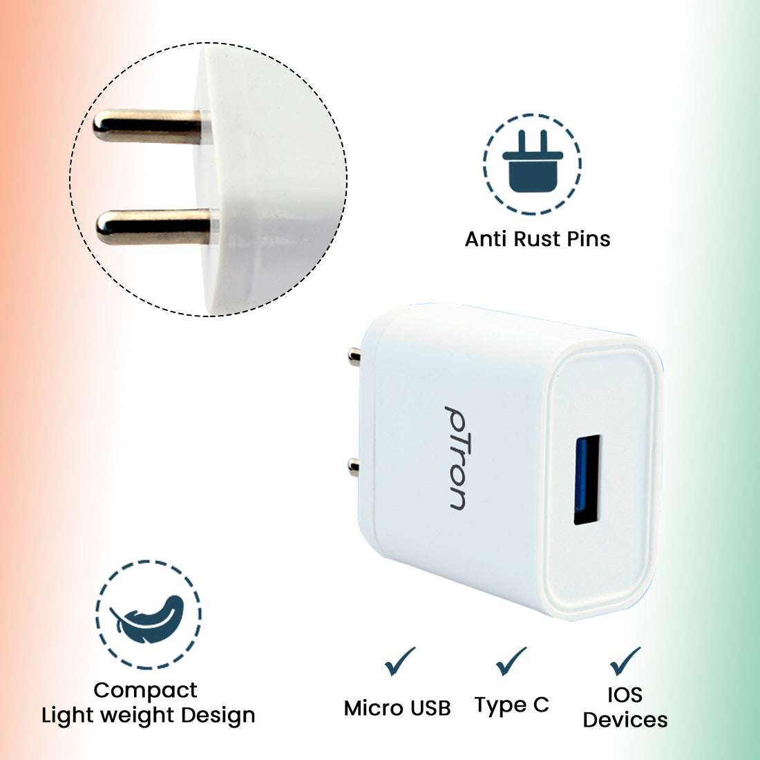 pTron Volta 12W Single USB Smart Charger with 2.4A Micro USB 1-Meter Cable, Made in India, BIS Certified Fast Charging Power Adaptor - (White)