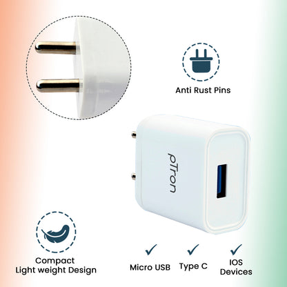 pTron Volta 12W Single USB Smart Charger with 2.4A Micro USB 1-Meter Cable, Made in India, BIS Certified Fast Charging Power Adaptor - (White)