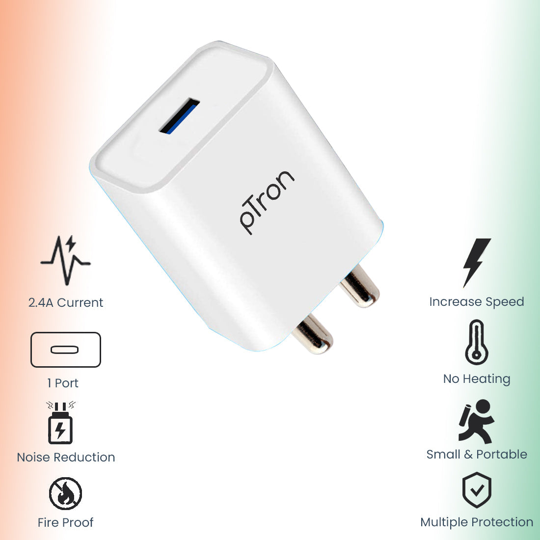 pTron Volta 12W Single USB Smart Charger with 2.4A Micro USB 1-Meter Cable, Made in India, BIS Certified Fast Charging Power Adaptor - (White)