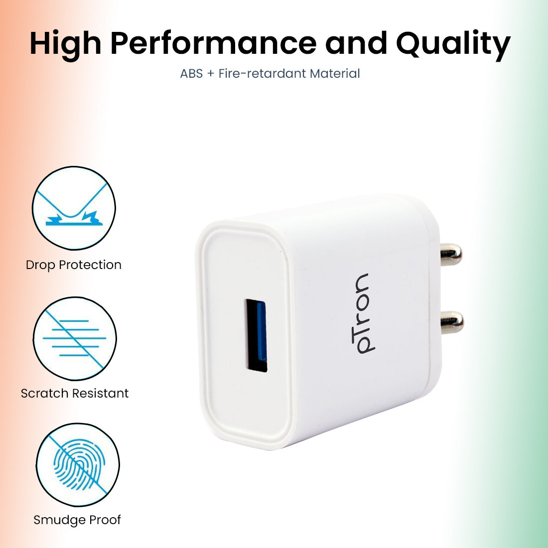 pTron Volta 12W Single USB Smart Charger with 2.4A Micro USB 1-Meter Cable, Made in India, BIS Certified Fast Charging Power Adaptor - (White)