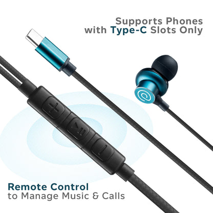 pTron Boom Buddy in-Ear Wired Earphones with Mic, Type-C Audio Connector, Immersive Stereo Sound with Deep Bass, 14mm Large Dynamic Drivers & 1.2M Nylon Braided Cable (Blue/Black)