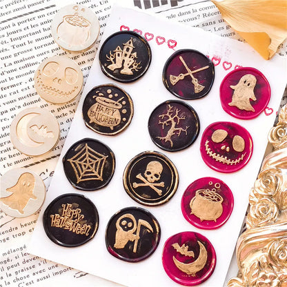 0709BA 25mm Happy Halloween Wax Seal Stamps Witch Broom Skull Bat Pumpkin Sealing Stamp head For Festival Happy Halloween Scrapbooking