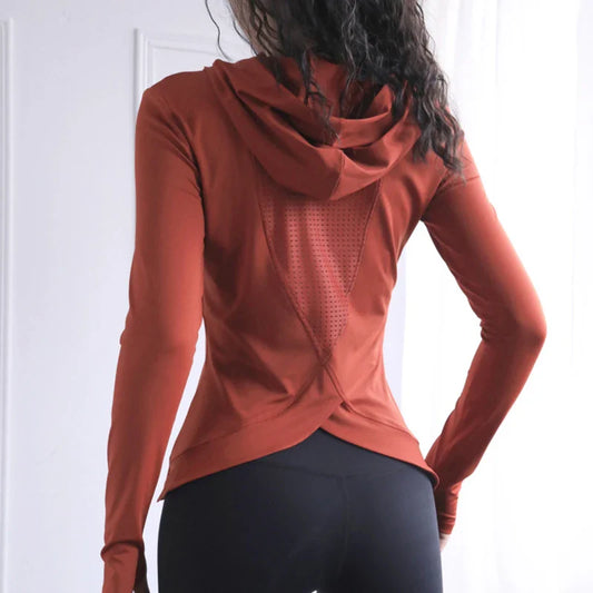 Women Back Forked Yoga Shirt Long Sleeve Thumb Hole Running T-shirt Mesh Breathable Sport Hoodies Fitness Top Gym Workout Blouse