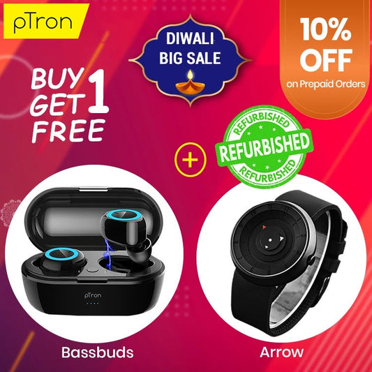 Buy Refurbished PTron Bassbuds True Wireless Bluetooth Earbuds, Get DaZon Arrow Wrist Watch Free