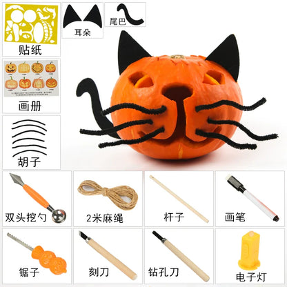 0207ba Children's Hand Carved Real Pumpkin DIY Halloween Pumpkin Lamp Pumpkin Bucket Decorative Lantern Tool and Material Package