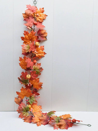 0709BA Artificial Maple Leaf Pumpkin Rattan Decorations Halloween Garland Wall Hanging Thanksgiving Ornaments Lintel Fake Leaves Door Decoration