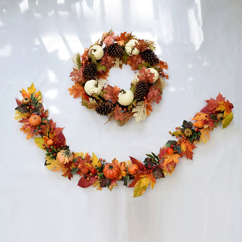 0709BA Artificial Maple Leaf Pumpkin Rattan Decorations Halloween Garland Wall Hanging Thanksgiving Ornaments Lintel Fake Leaves Door Decoration