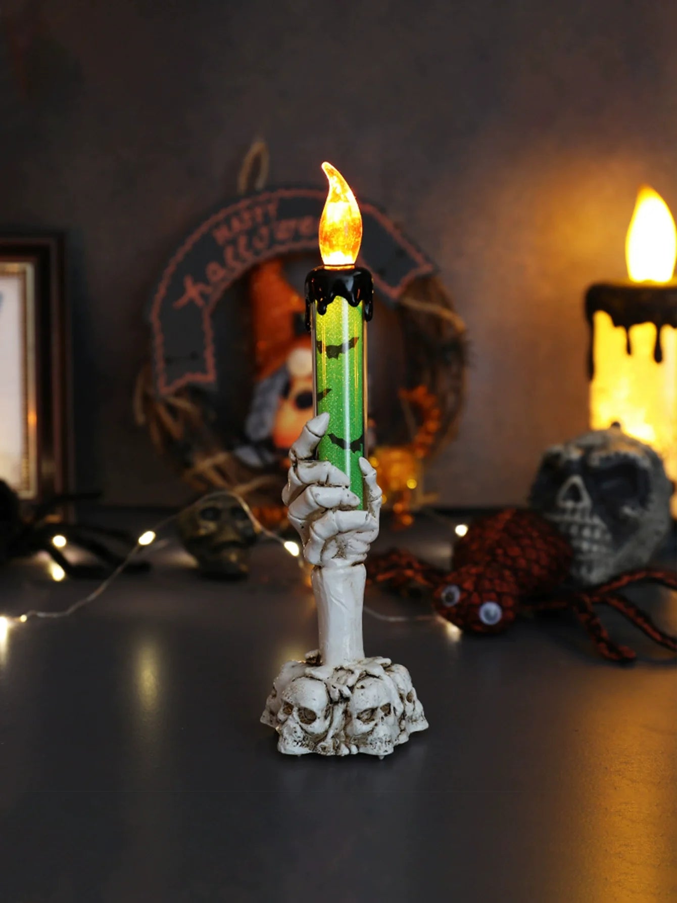 0407BA Halloween Black Spider Candle Light Decoration Hand Holding Light LED Luminous Scary Thing Haunted House Trick Toy Funny