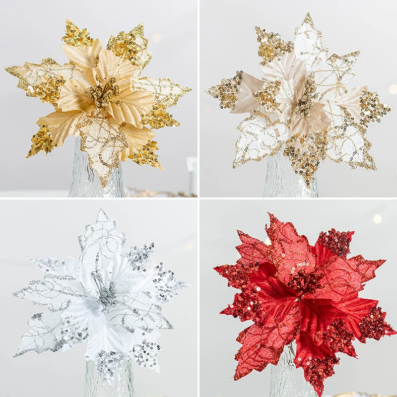 Winter 21cm Golden Artificial Sequin Pendant Christmas Flower