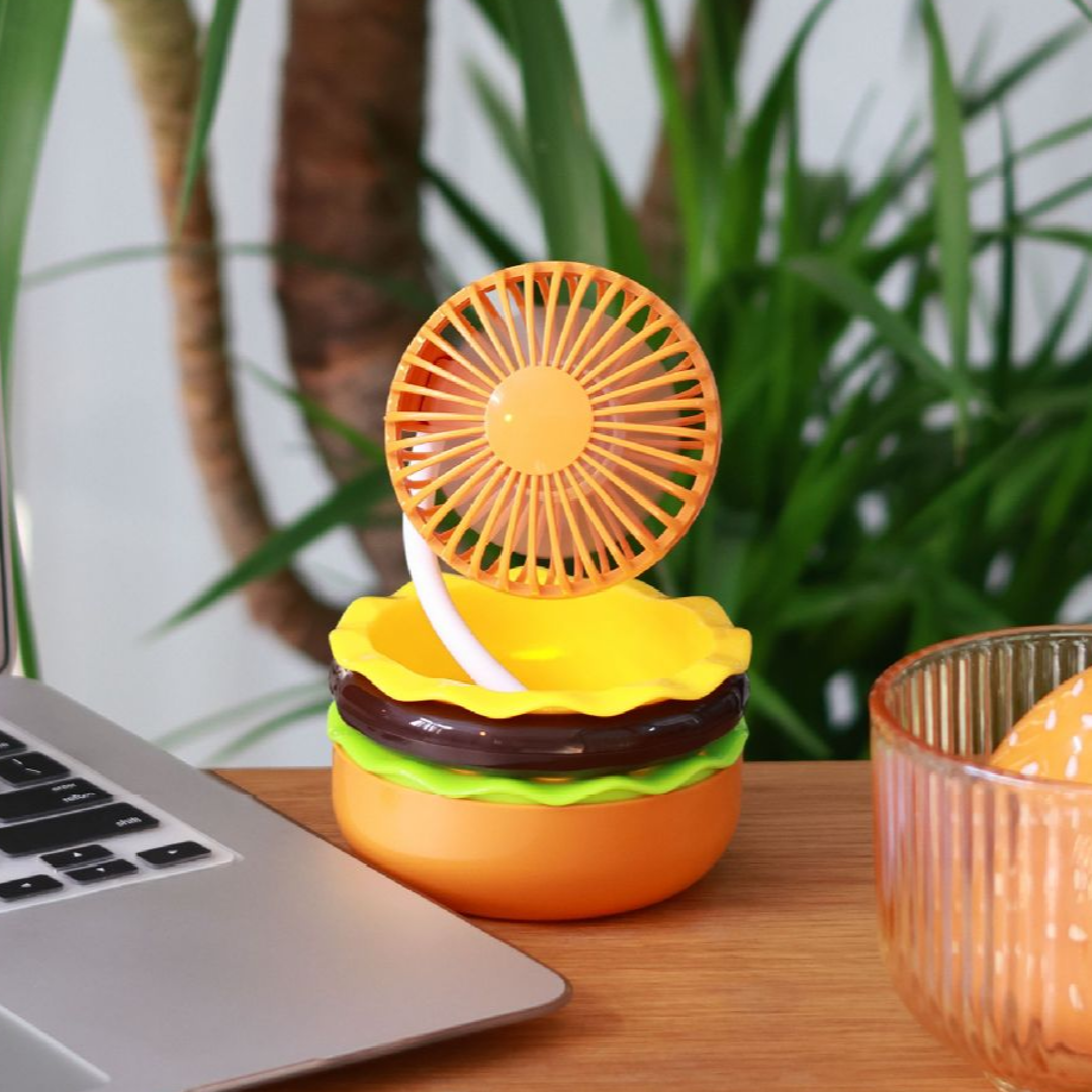 Cartoon Burger Desktop Mini Fan With Mirror