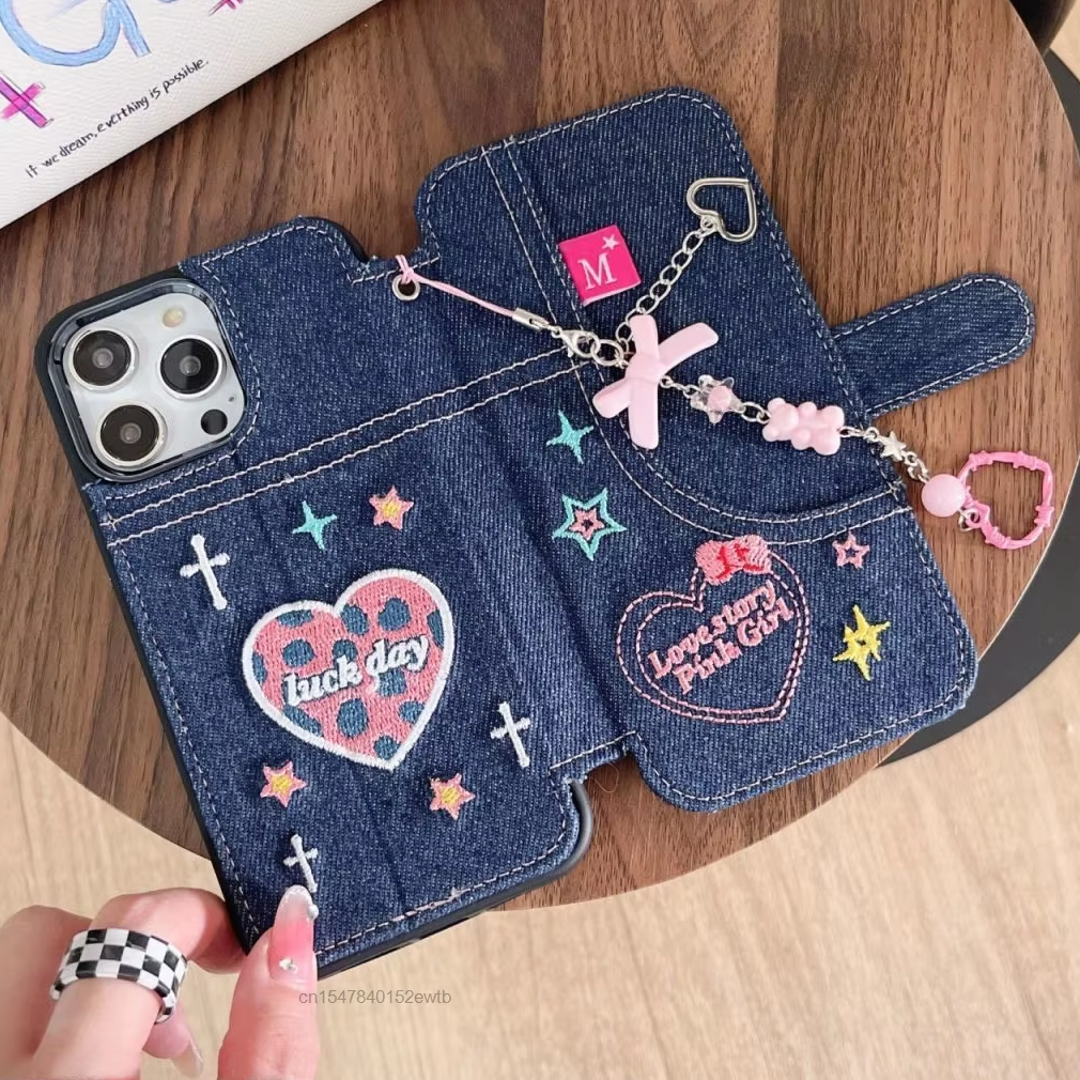 Denim Embroidery Heart Case with Charm