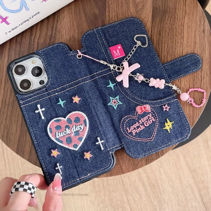 Denim Embroidery Heart Case with Charm