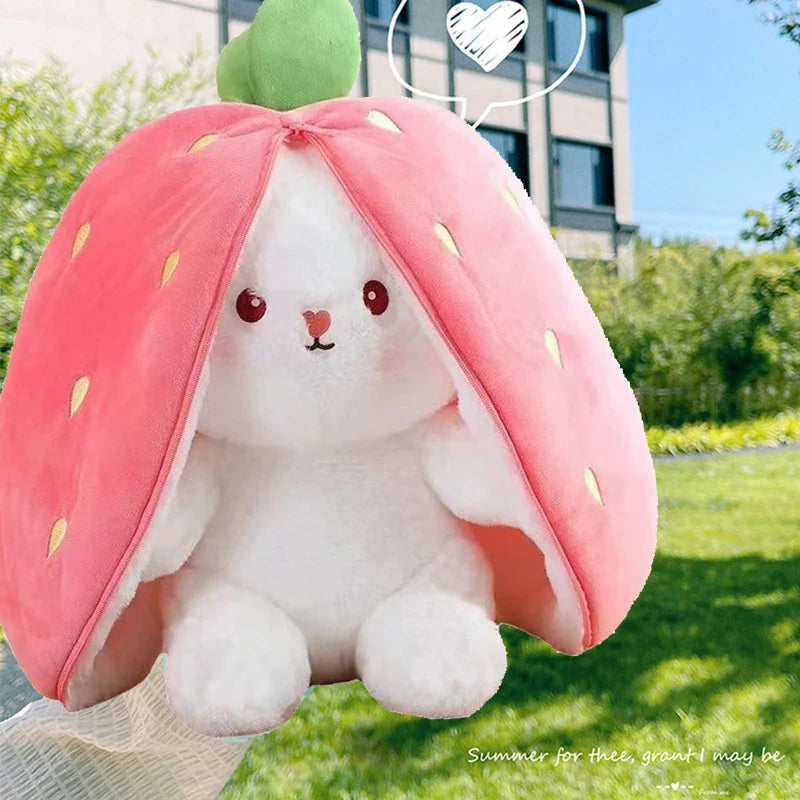 2407TA 25cm Cosplay Strawberry Carrot Rabbit Plush Toy Stuffed Creative Bag into Fruit Transform Baby Cuddly Bunny Plushie Doll For Kid