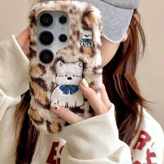 Cute Fluffy Leopard Plush Cover - Samsung