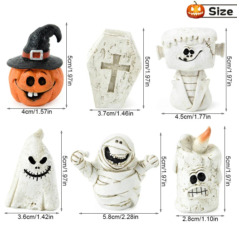 0709BA Halloween Resin Miniature Figurines Pumpkin Skeleton Mummy Skull Ornaments Horror Halloween Decorations Home Desk Accessories