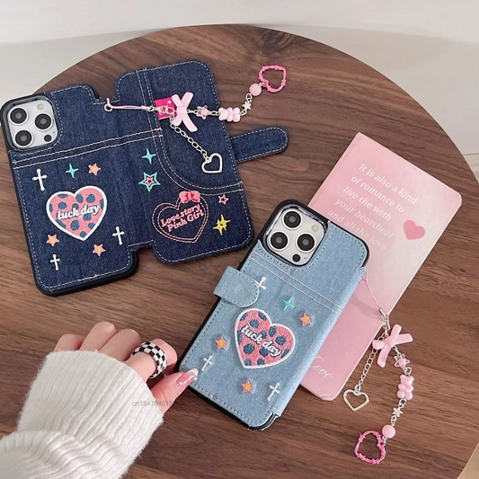 Denim Embroidery Heart Case with Charm