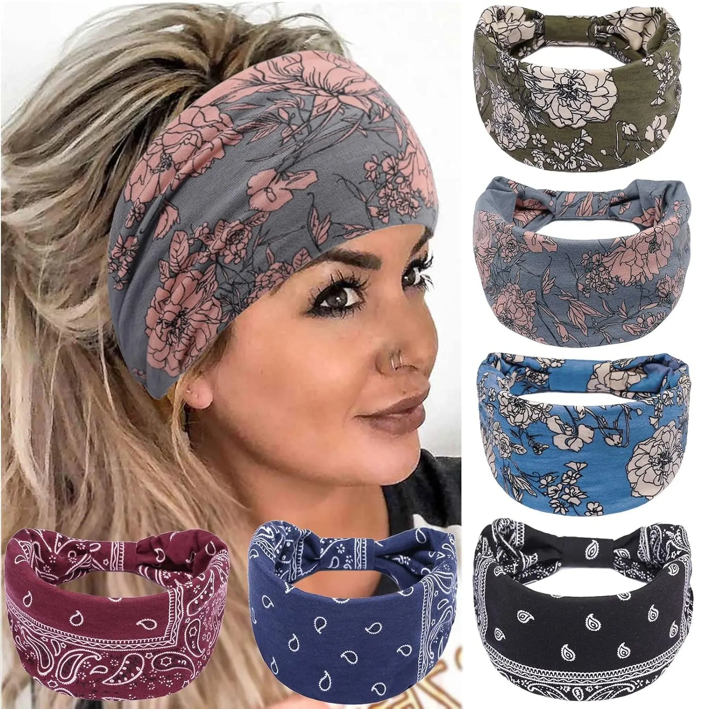 Wide Boho Headbands Elastic Bandana Non Slip Sweat Fashion Large Headwraps Hair Bands Headwear Sports, Running, Yoga