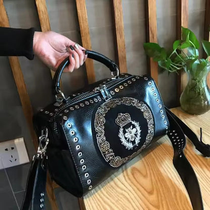 Crown Motif Vintage-Style Leather Bag