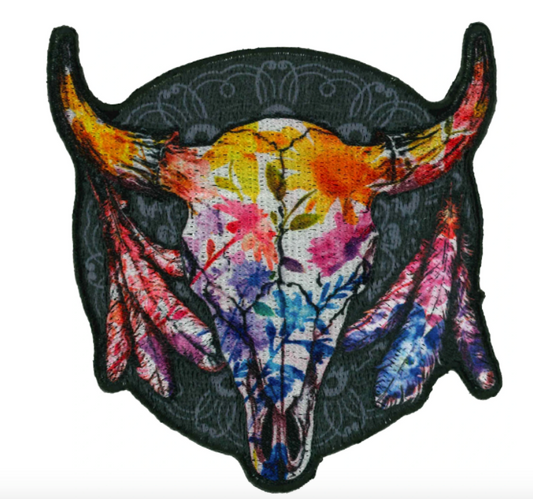Wholesale WILDFLOWER WATERCOLOR COW SKULL  3.5 X 3.5 INCH EMBROIDERED PATCH