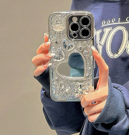 Silver Heart Mirror Rhinestone Case