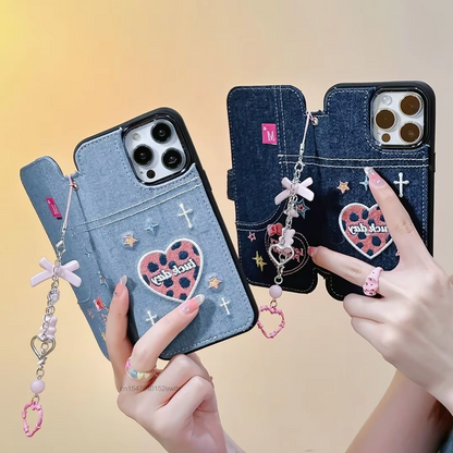 Denim Embroidery Heart Case with Charm