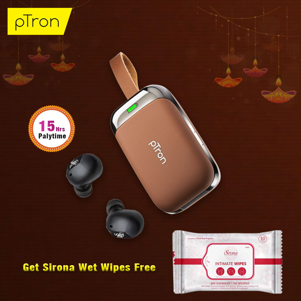 Buy pTron Bassbuds Urban True Wireless Stereo Earphones with Deep Bass & Touch Control ,Get Sirona Wet Wipes Free