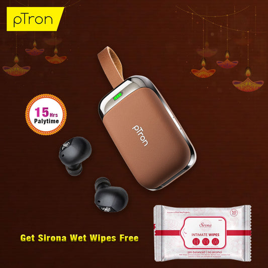 Buy pTron Bassbuds Urban True Wireless Stereo Earphones with Deep Bass & Touch Control ,Get Sirona Wet Wipes Free
