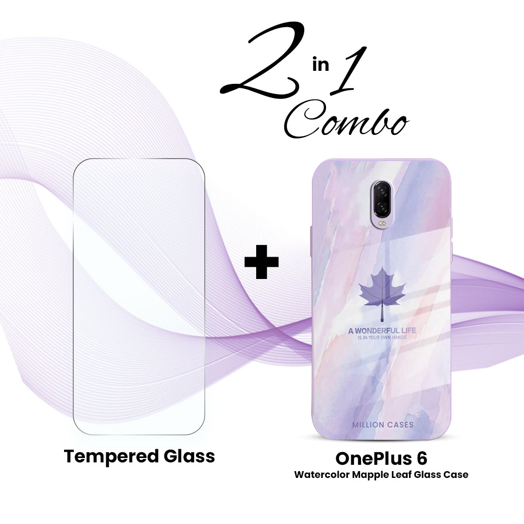 OnePlus (2 in 1 Combo) - Watercolor Mapple Leaf Glass Case + Tempered Glass