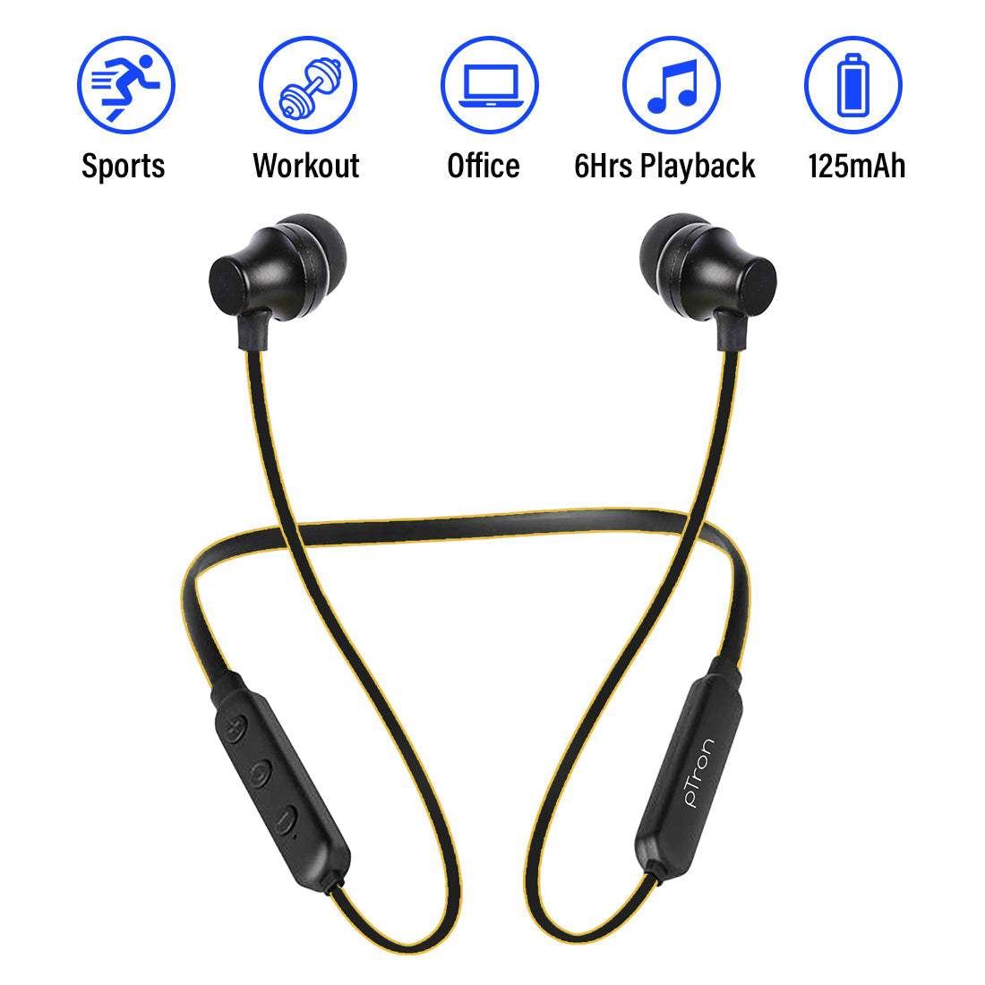 pTron InTunes Lite High Bass In-Ear Wireless Headphones With Mic - (Black/Yellow)