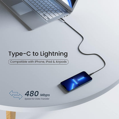 Ambrane Type-C to Lightning Cable, 22.5W Fast Charging, 480Mbps Data Sync Cable Compatible with iPhone, iPad, Macbook, iMac, AirPods, 1.25m (ABTL-125 Black)