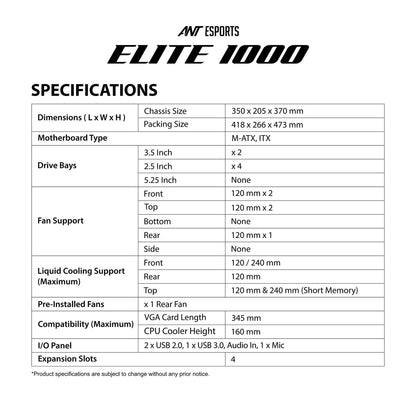 Ant Esports Elite 1000 TG Mid-Tower Computer Case/Gaming Cabinet - Black | Supports M-ATX, ITX with Pre-Installed 1 x 120mm Black Rear Fan
