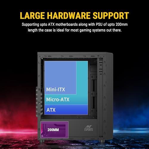 Ant Esports Elite 1100 Mid-Tower Computer Case/Gaming Cabinet - Black | Support ATX, M-ATX, ITX | Pre- Installed 3 x 120mm Front and 1 x 120mm Rear Rainbow Fans