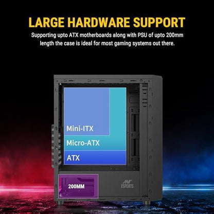 Ant Esports Elite 1100 Mid-Tower Computer Case/Gaming Cabinet - Black | Support ATX, M-ATX, ITX | Pre- Installed 3 x 120mm Front and 1 x 120mm Rear Rainbow Fans