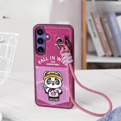 Denim Embroidery Card Holder Strap Case - Samsung