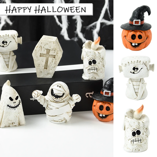 0709BA Halloween Resin Miniature Figurines Pumpkin Skeleton Mummy Skull Ornaments Horror Halloween Decorations Home Desk Accessories