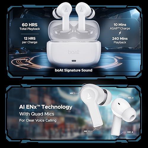 boAt Airdopes Flex 454 ANC in Ear TWS Earbuds with Smart Features, ANC, 60HRS Playback, Beast Mode(Low Latency), Quad Mics ENx Tech, Multi Point Connectivity, ASAP Charge(Zinc White)