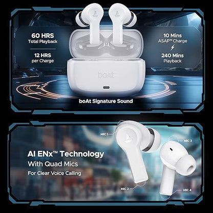 boAt Airdopes Flex 454 ANC in Ear TWS Earbuds with Smart Features, ANC, 60HRS Playback, Beast Mode(Low Latency), Quad Mics ENx Tech, Multi Point Connectivity, ASAP Charge(Zinc White)