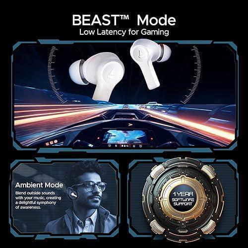 boAt Airdopes Flex 454 ANC in Ear TWS Earbuds with Smart Features, ANC, 60HRS Playback, Beast Mode(Low Latency), Quad Mics ENx Tech, Multi Point Connectivity, ASAP Charge(Zinc White)
